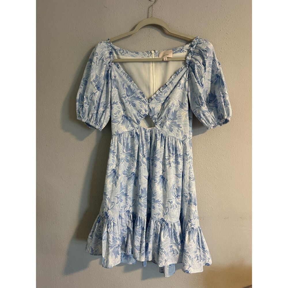 Cinq à Sept Blue Floral Mini Dress Cutout Puff Sleeve Fit & Flare Women's 0 - Picture 5 of 14